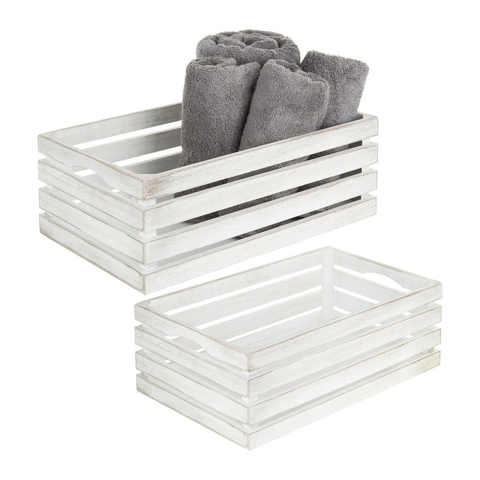 MyGift 16 and 14 Inch Shabby White Washed Solid Wood Nesting Decorative Storage Crates, Vintage Farmhouse Wooden Stackable Open Top Bin Boxes, 2 Piece Set