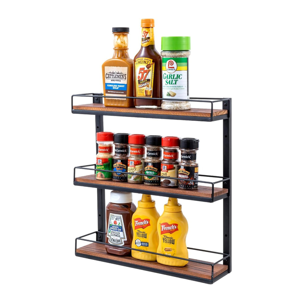 MyGift 3 Tier Spice Rack, Black Metal & Burnt Wood Wall Shelf