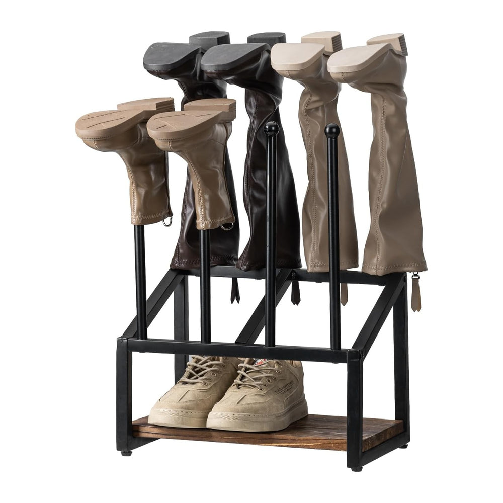 MyGift Industrial Metal & Burnt Wood 4-Pair Boot Rack with Shoe Shelf - F...