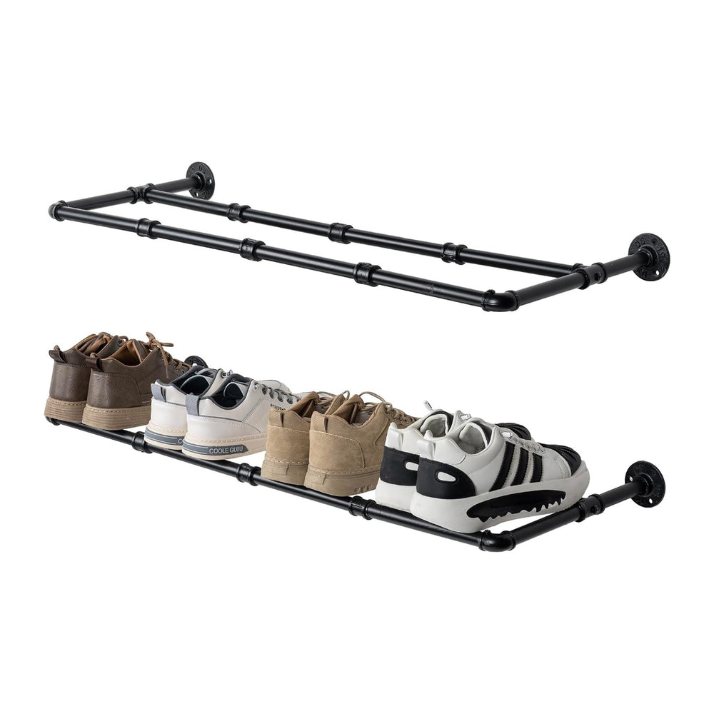 MyGift Matte Black Pipe Shoe Rack Shelves, Wall Mounted Footwear Organizer