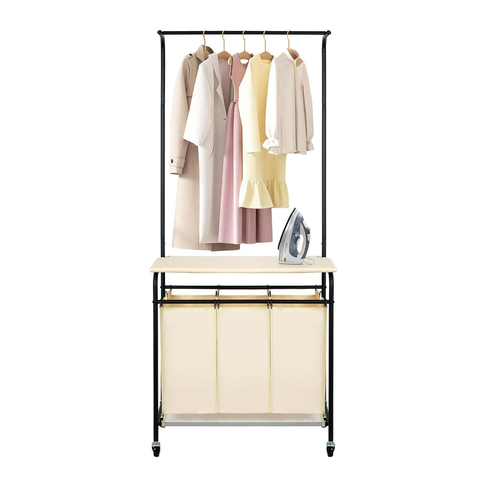 MYOYAY 3 Section Laundry Sorter with Garment Hanging Bar Rack Foldable Ironin...