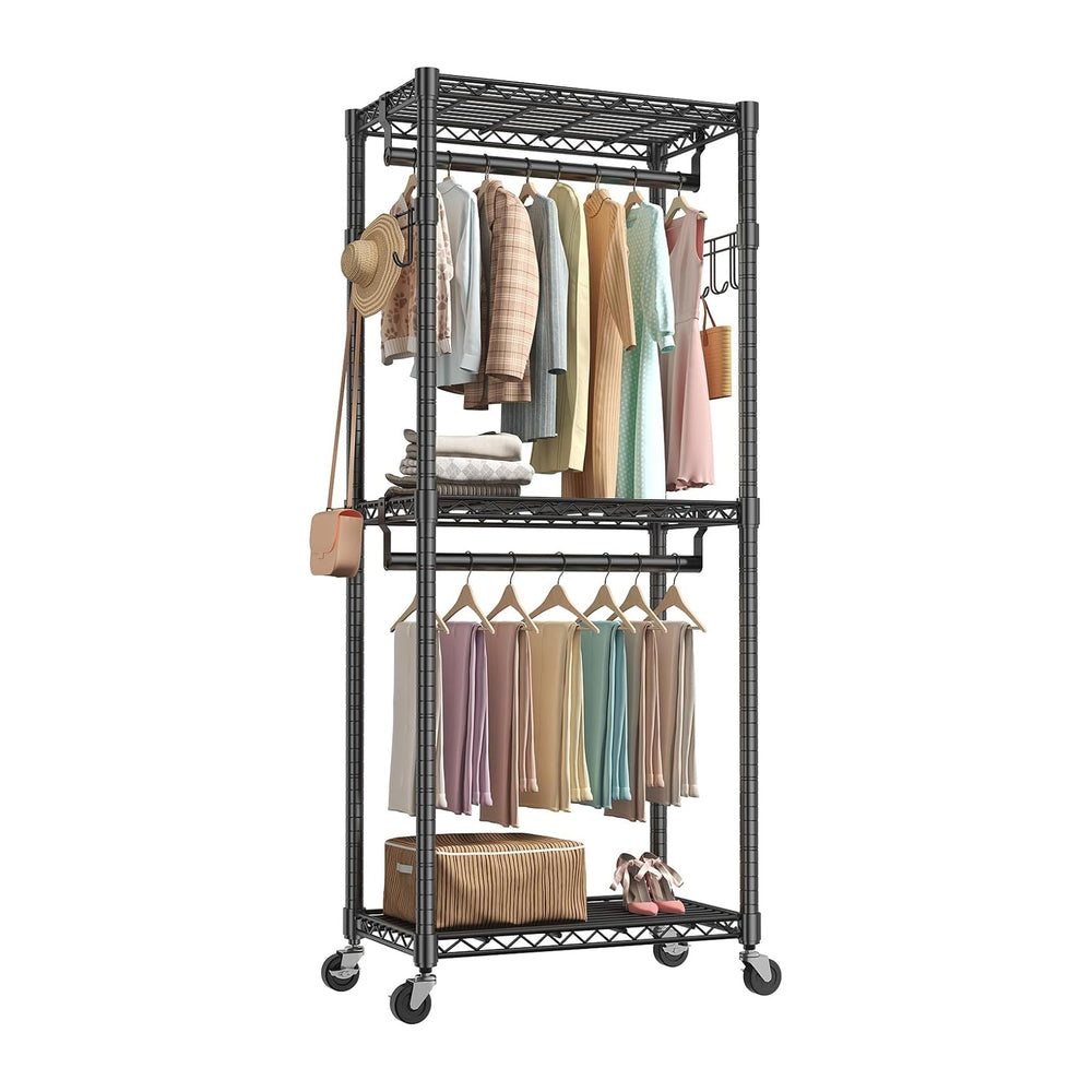 NEWBULIG Heavy Duty Clothing Rack with Wheels, 3-Tier Adjustable Wire Garment...