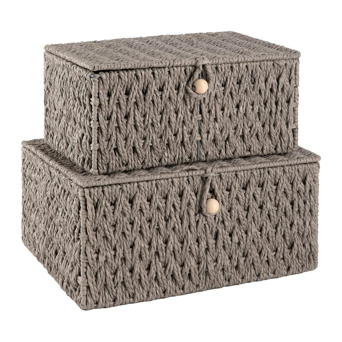 OIAHOMY Wicker Storage Basket with Lid & Lock, Lidded Storage Bins, Decorative Baskets for Organizing, Set of 2-Grey