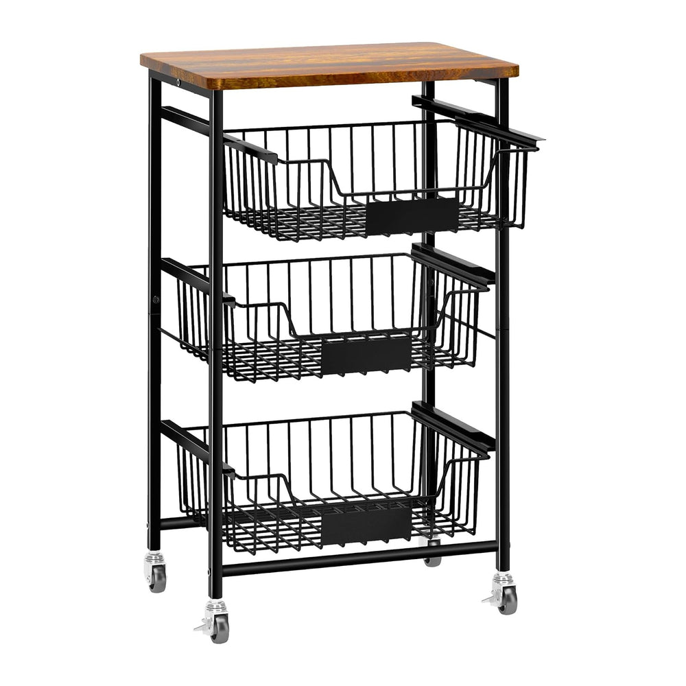 OKZEST 4-Tier Kitchen Storage Cart with 3 Upgraded Drawer Basket & Wood Top