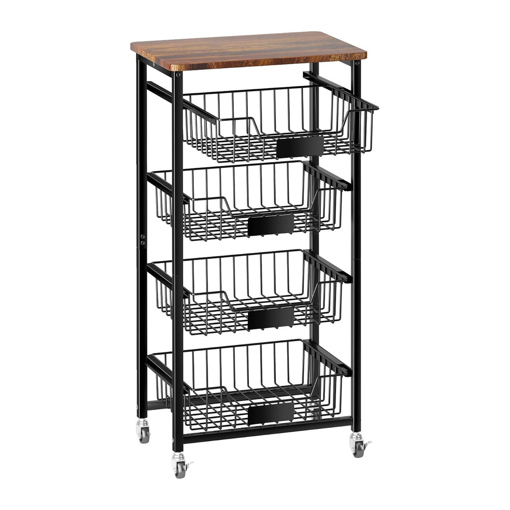 OKZEST 5-Tier Kitchen Storage Cart with 4 Upgraded Drawer Basket & Wood Top