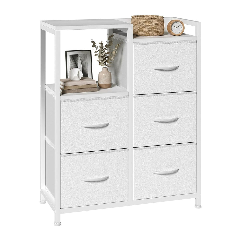 OLIXIS Fabric Dresser, 5 Drawer White Storage Tower with Open Shelf