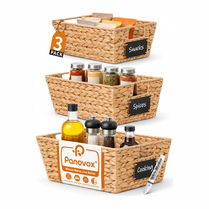 Pantry Baskets, 3 Pack Wicker Storage Baskets for Shelves, Natural