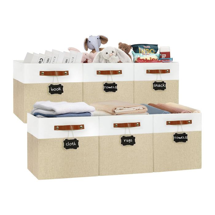Patvingot 13-Inch Linen Storage Cubes with Labels and PU Handles,4 Pack