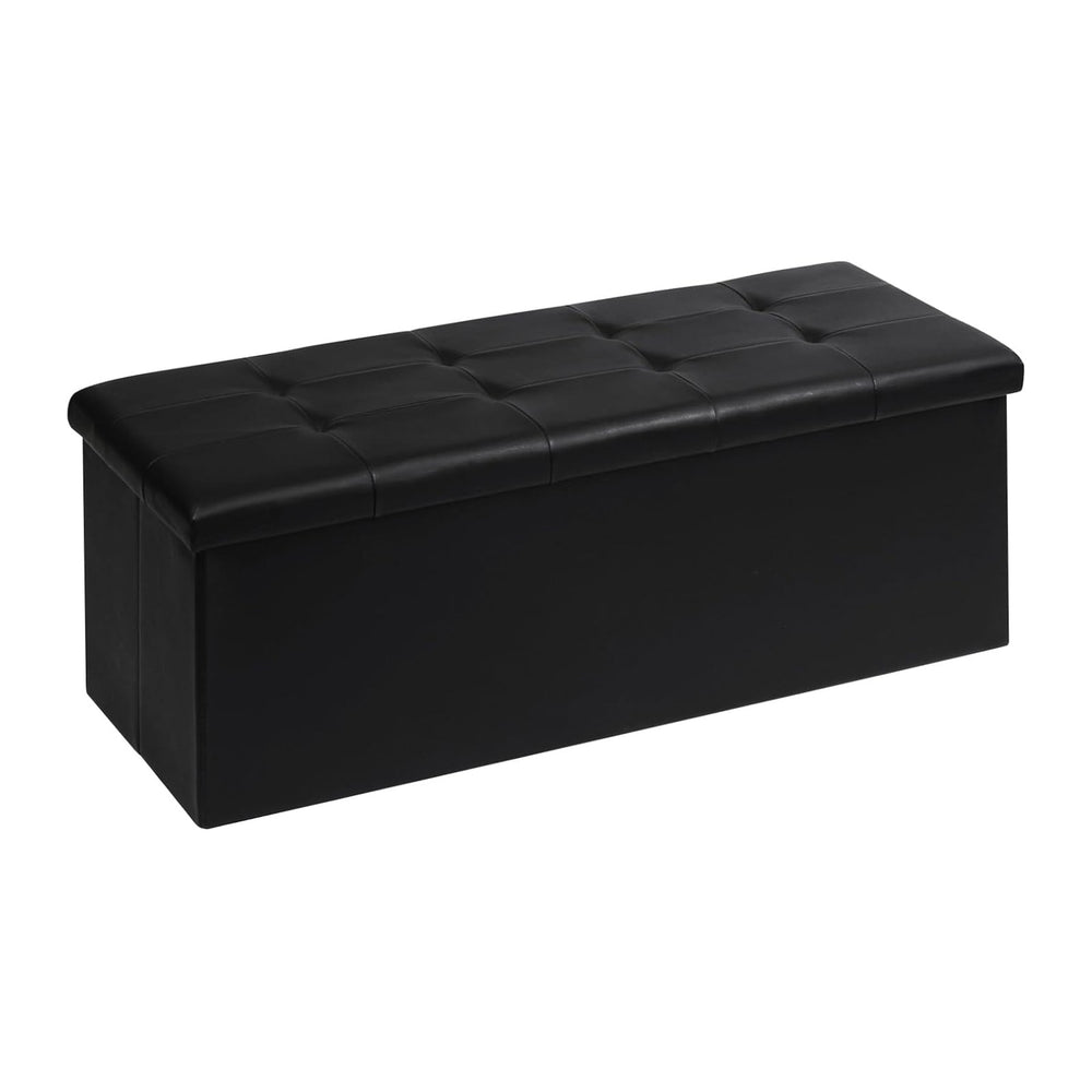PINPLUS Folding Storage Ottoman Bench, Black Faux Leather