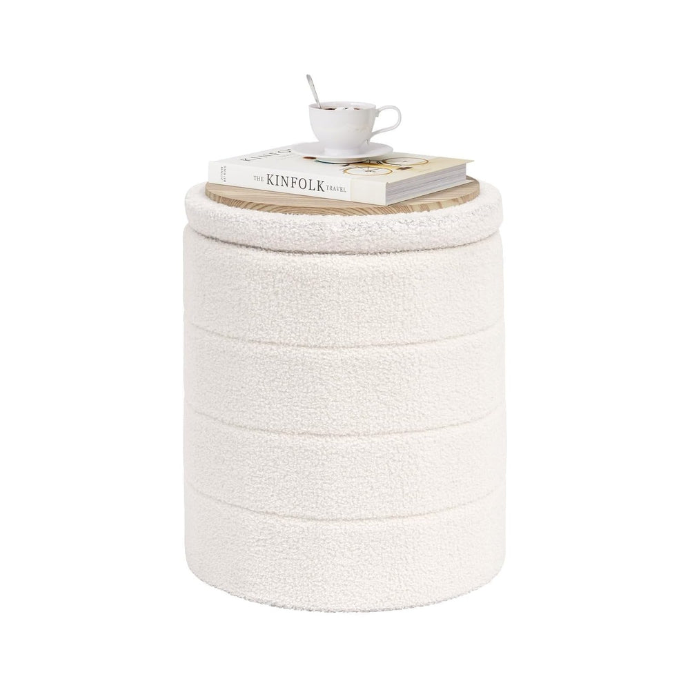 PINPLUS Round Storage Ottoman Foot Rest Stool with Tray Velvet Sherpa Folding...