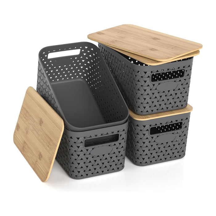 Plastic Storage Bins with Bamboo Lids, Stackable Small Box Baskets for Organizing and Containers for Shelves Drawers Desktop Closet Pantry Classroom Office Home, 4 Pack 12x7.3x6.2 Inch, Gray