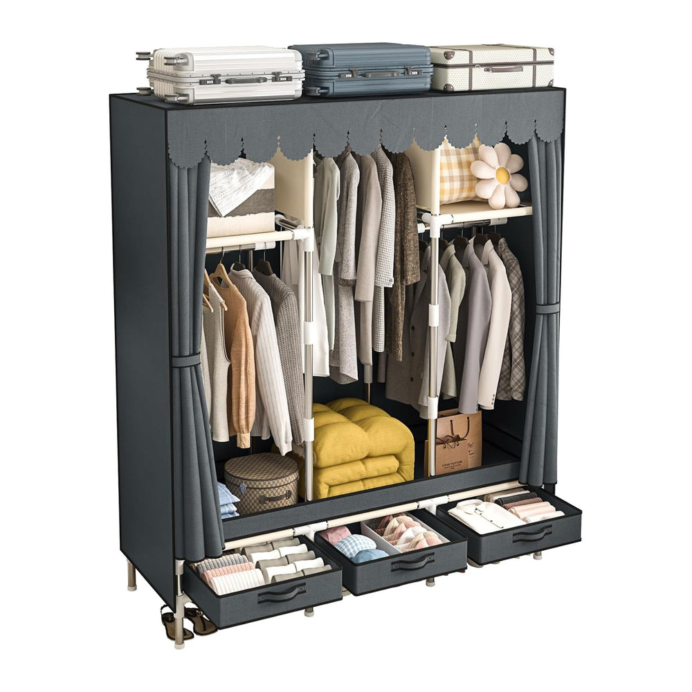 Portable Armoire Wardrobe Closet with 3 Drawers and 3 Hanging Rods,Cloth Clos...