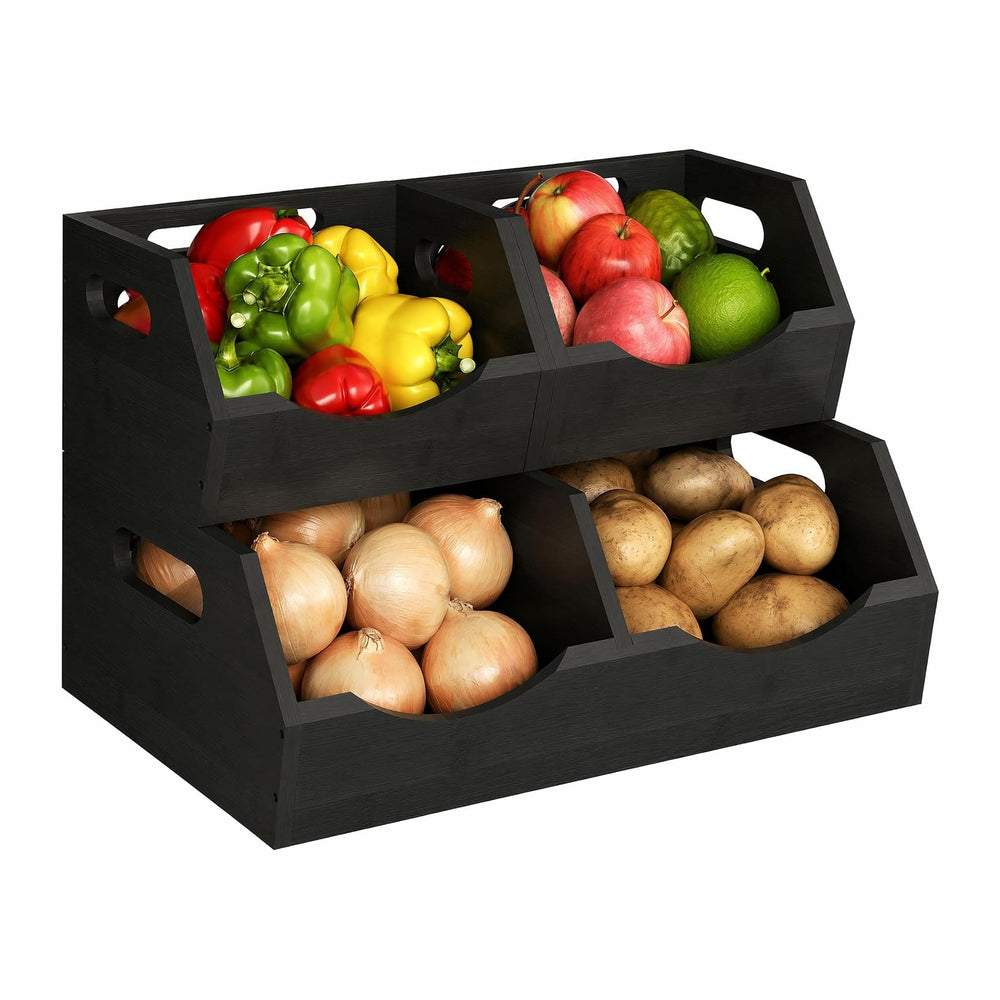 Potato and Onion Storage Bin, 2 Tier Bamboo Kitchen Storage Rack, Stackable V...