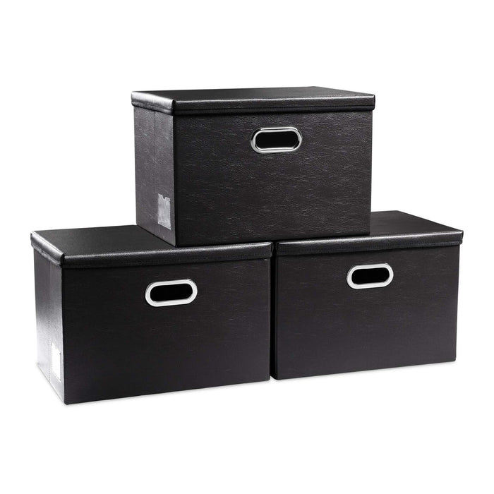 PRANDOM Large Foldable Storage Bins with Lids [3-Pack] Leather Fabric Collapsible Storage Boxes Organizer Containers Baskets Cube with Cover for Home Bedroom Closet Office Black(17.7x11.8x11.8)