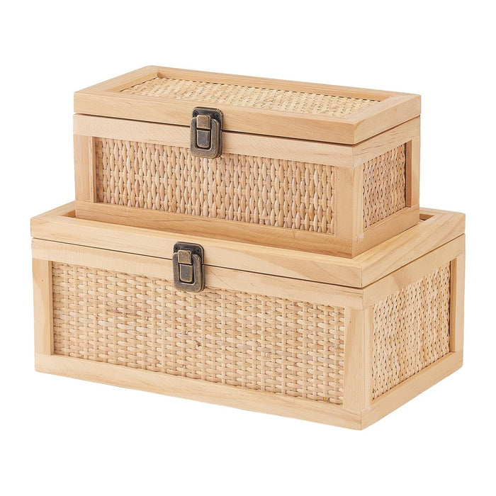 Rattan Decorative Boxes with Lids, Stackable Keepsake Box Set of 2