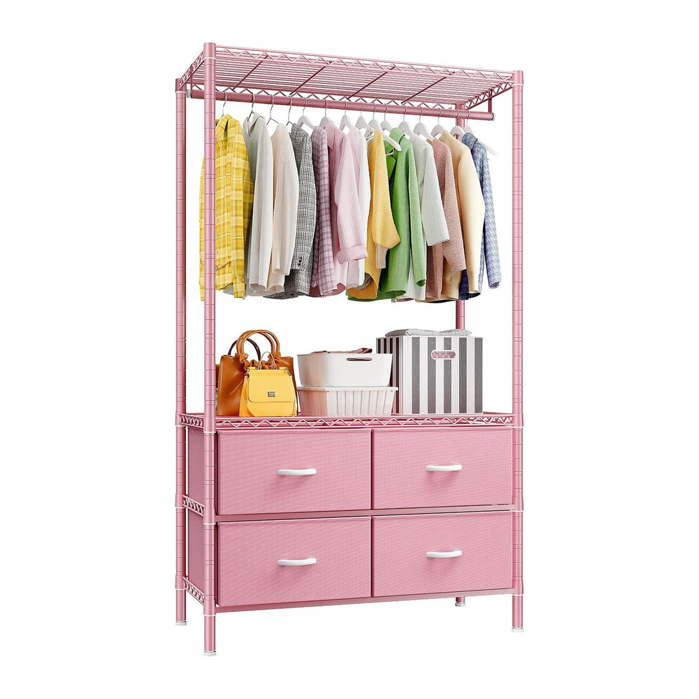Raybee Clothes Rack, Portable Closet for Bedroom, Dorm, 4 Drawers, Pink