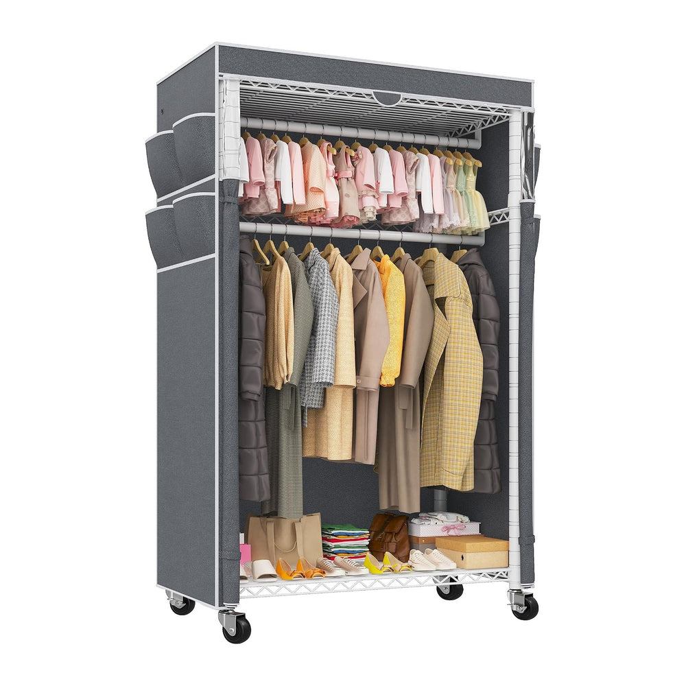 Raybee Clothes Rack with Cover, Rolling Portable Closet, 2 Rods & 2 shelves