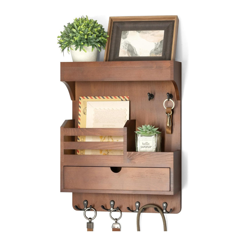 Rebee Vision Key Holder Wall Mount with Drawer Organizer for Entryway,Brown