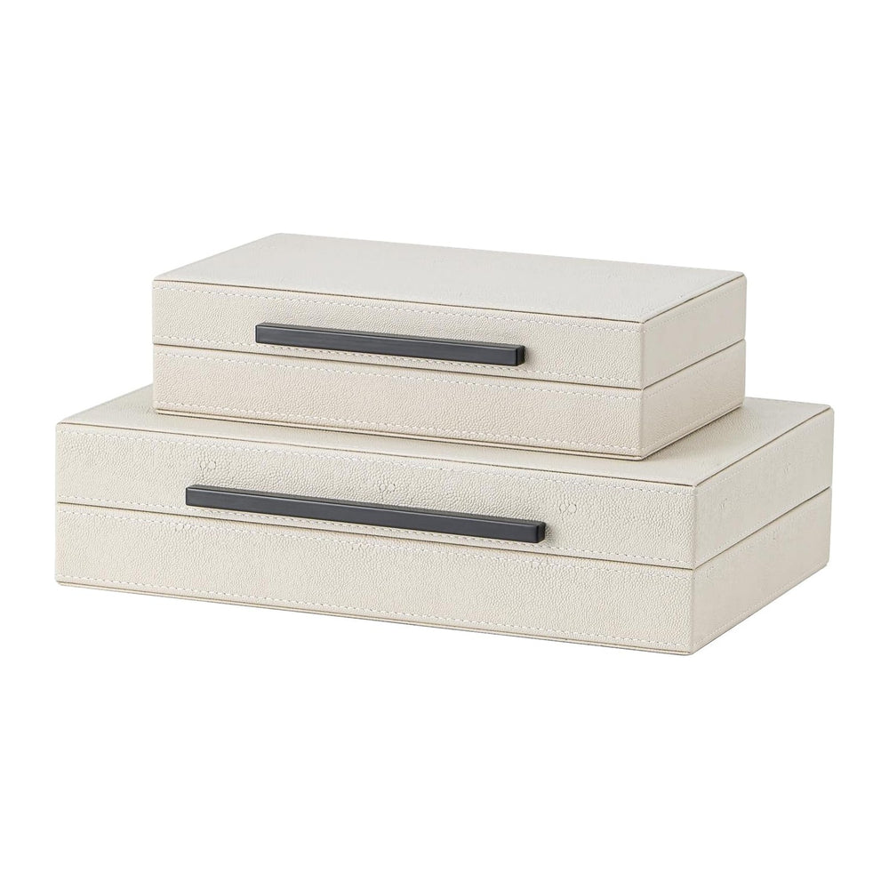 Set of 2 Beige Shagreen Decorative Storage Boxes with Black Metal Handles – F...