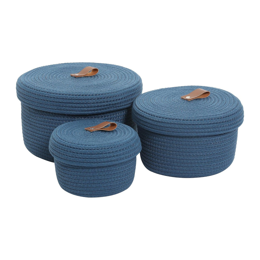 Set of 3 Small Woven Baskets with Lids, Cotton Rope Round Nesting Storage Bas...