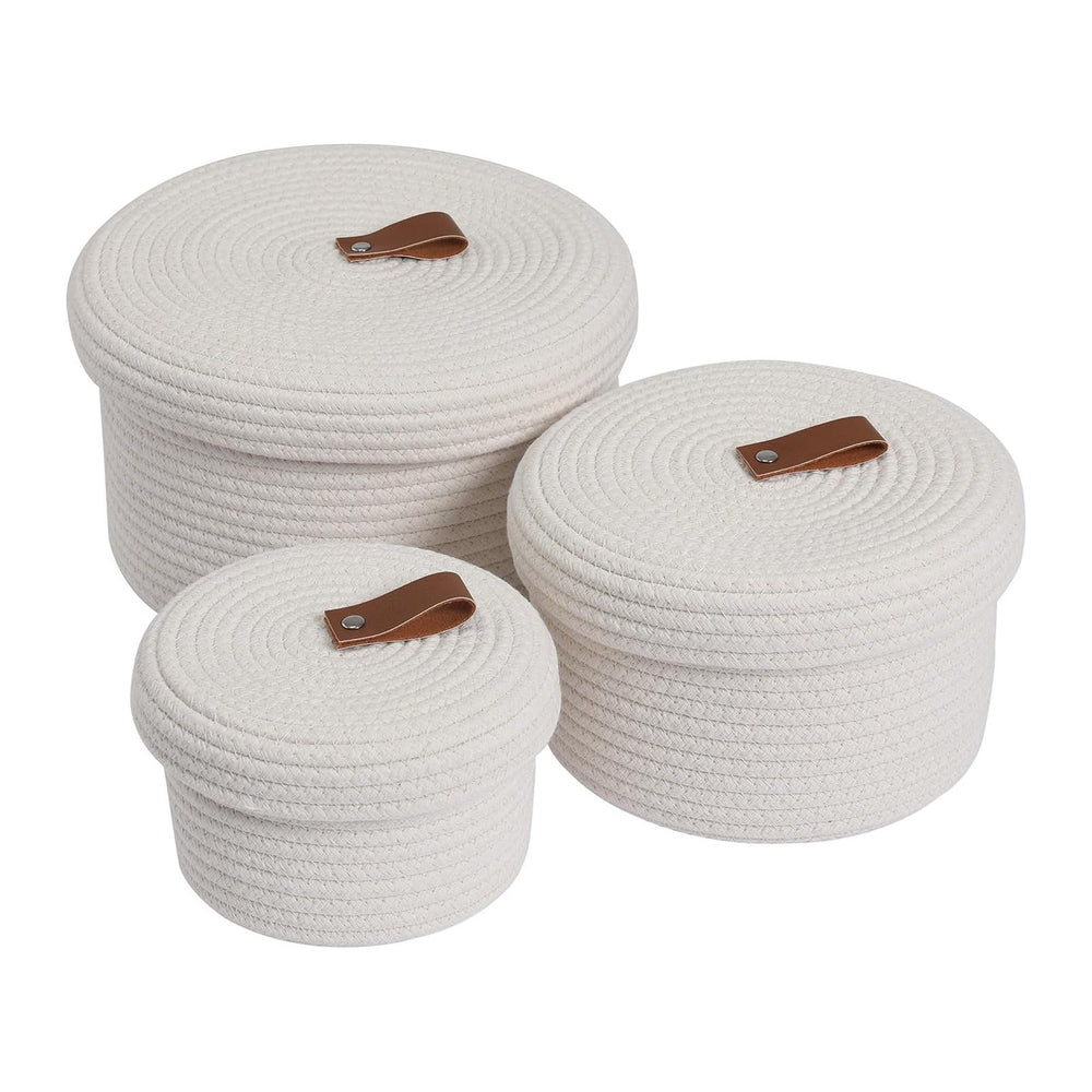 Set of 3 Small Woven Baskets with Lids, Cotton Rope Round Nesting Storage Bas...