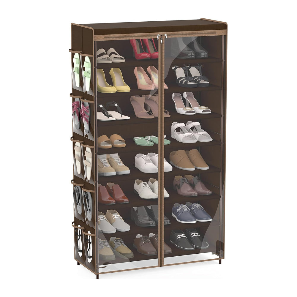 Simple Houseware 8 Tiers Shoe Rack w/Zipper Cover & Hanging Pockets, Brown