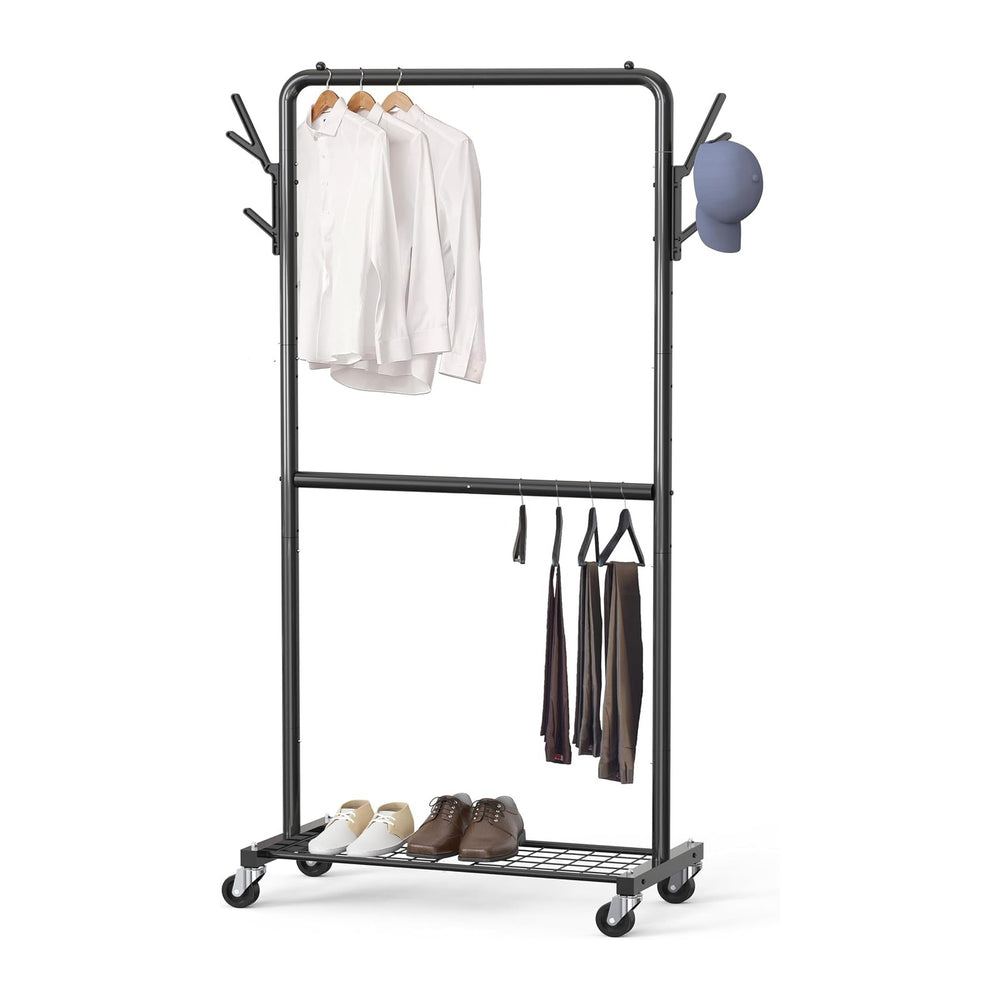 Simple Houseware Double Rod Clothes Rack with Wheels, Hooks & Shelf, Black