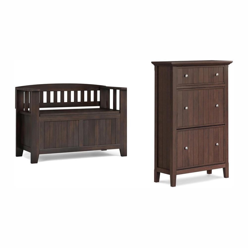 SIMPLIHOME Acadian Storage Bench and Shoe Cabinet Set in Brunette Brown