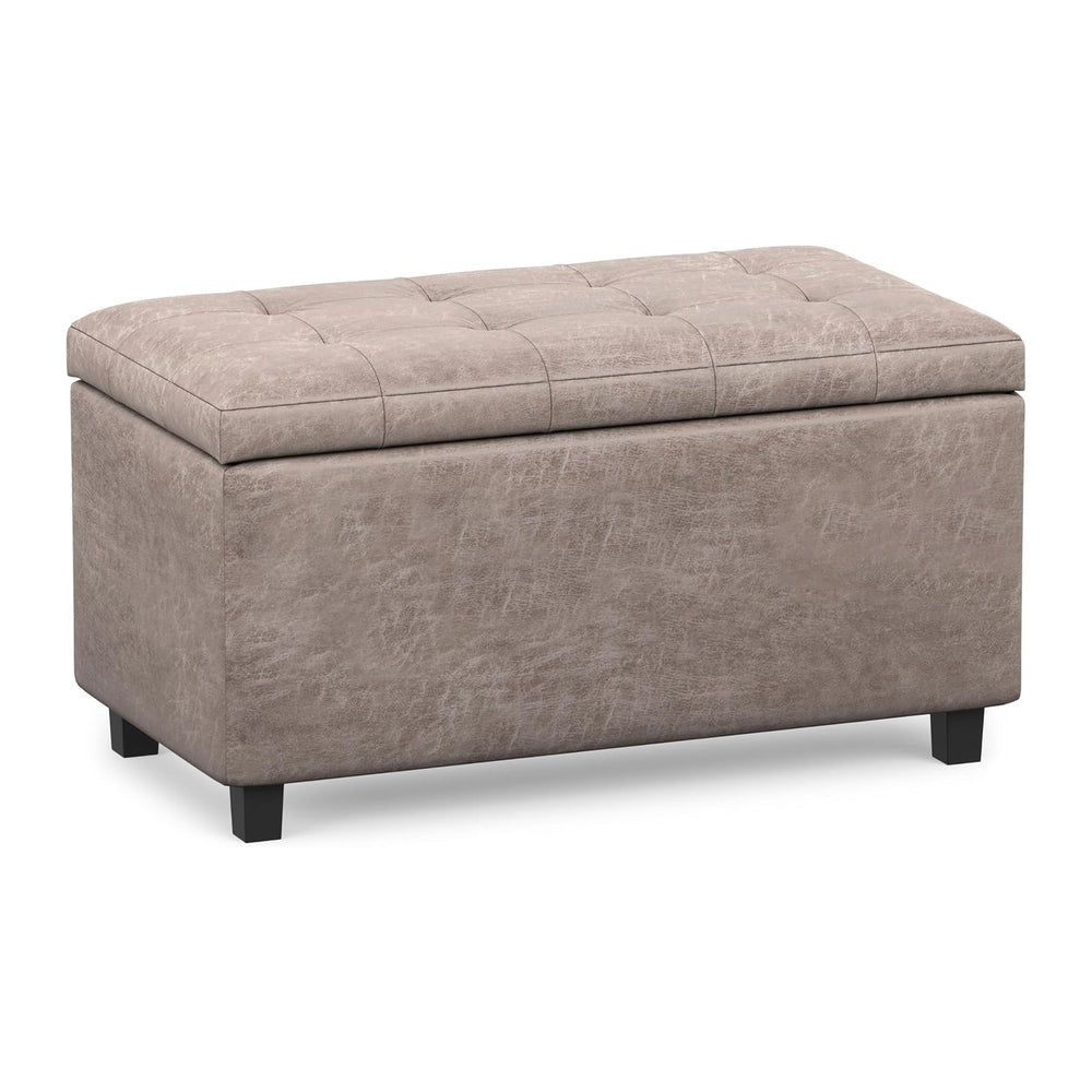 SIMPLIHOME Cosmopolitan 34" Wide Vegan Leather Storage Ottoman in Grey