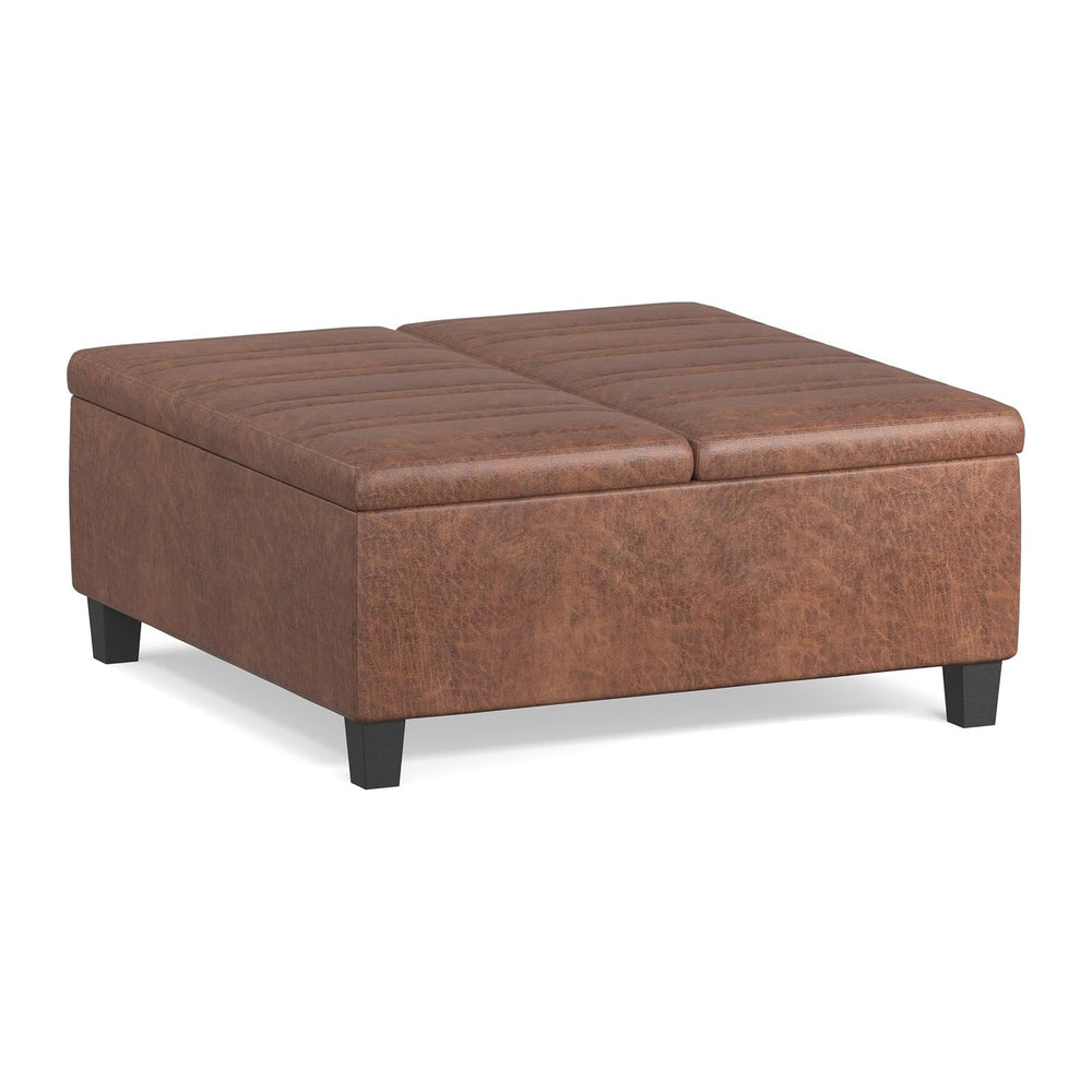 SIMPLIHOME Ellis 36" Wide Vegan Leather Storage Ottoman in Saddle Brown