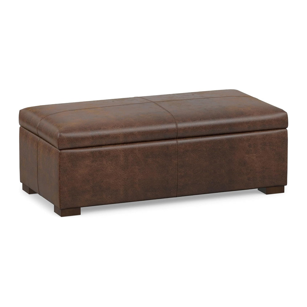 SIMPLIHOME Gabbie 48" Wide Vegan Leather Storage Ottoman in Chestnut Brown