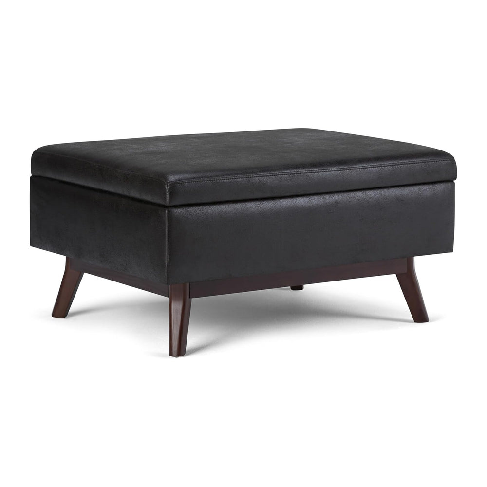 SIMPLIHOME Owen 34" Wide Vegan Leather Rectangle Lift Top Ottoman in Black