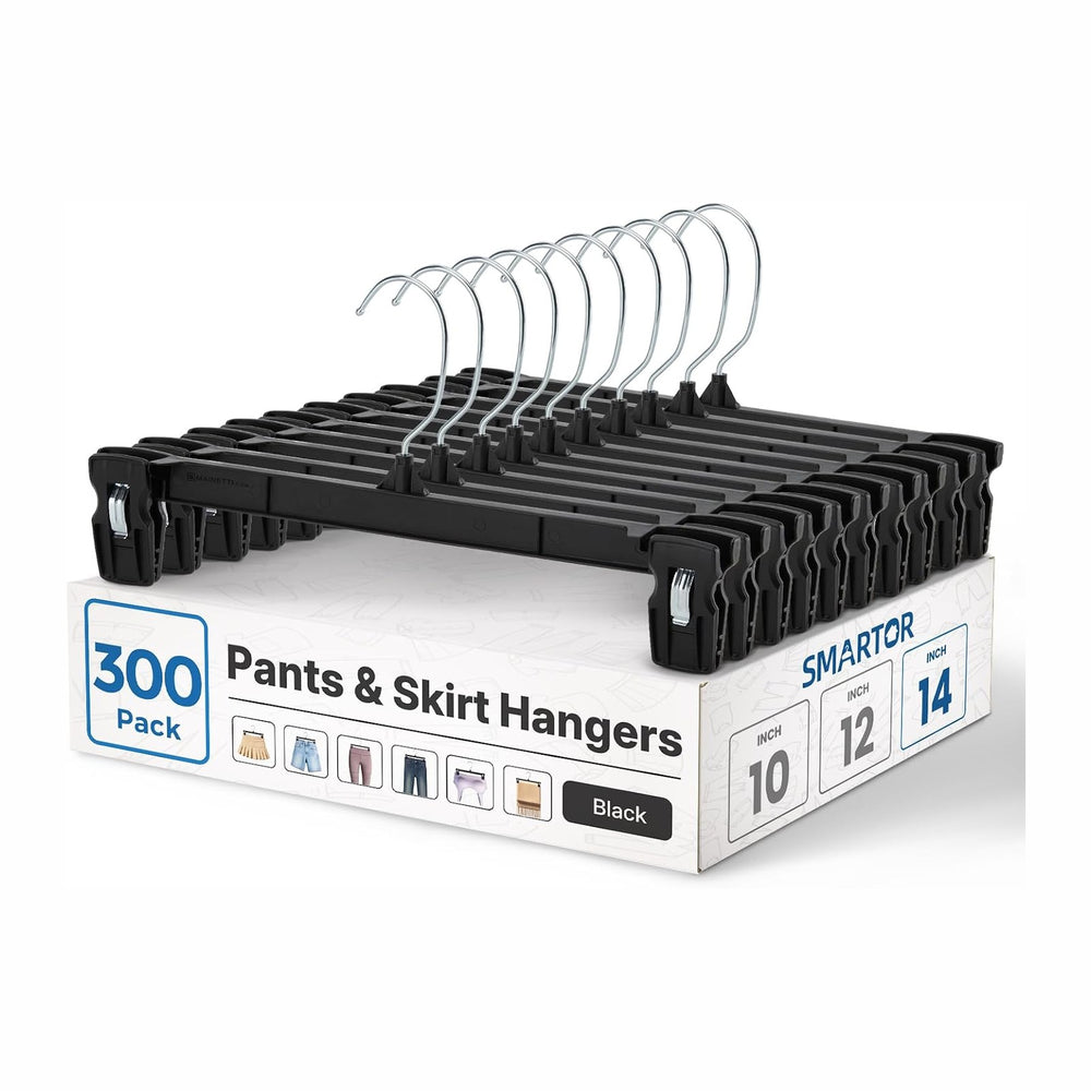 Smartor Black Pants Hangers 300 Pack, Skirt Hangers with Clips, 14 Inch