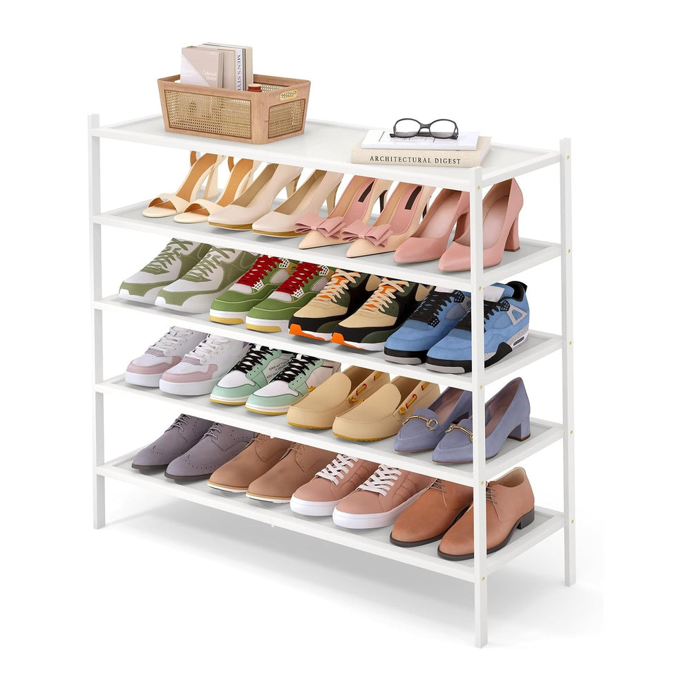 Smiry Bamboo Long Shoe Rack, 5 Tier Shoe Organizer for Closet, White
