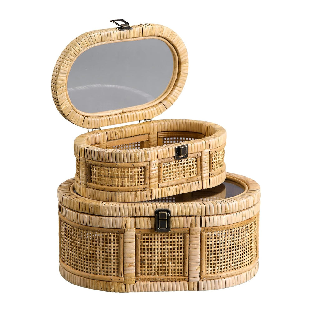 SOFE Oval Rattan Boxes with Glass Lid Set of 2, Handwoven Boho Storage Bins