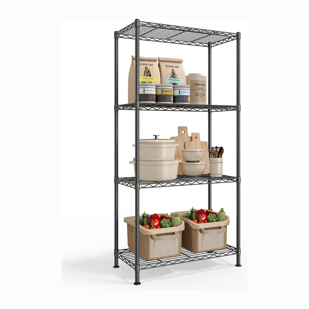 SONGMICS 4-Tier Storage Shelves, Adjustable Wire Shelving Unit, 8 Hooks