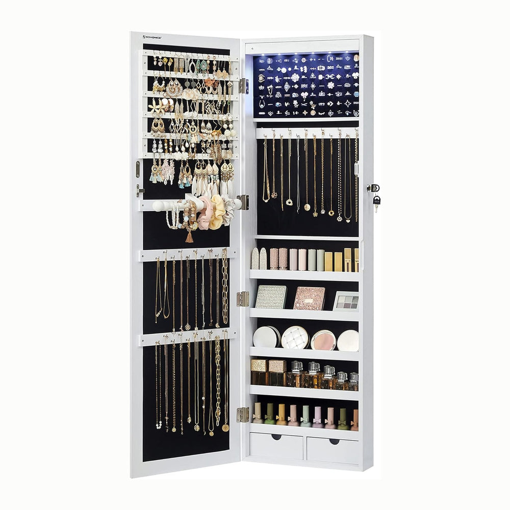 SONGMICS 6 LEDs Mirror Jewelry Cabinet, 47.2-Inch Tall Lockable Wall or Door ...