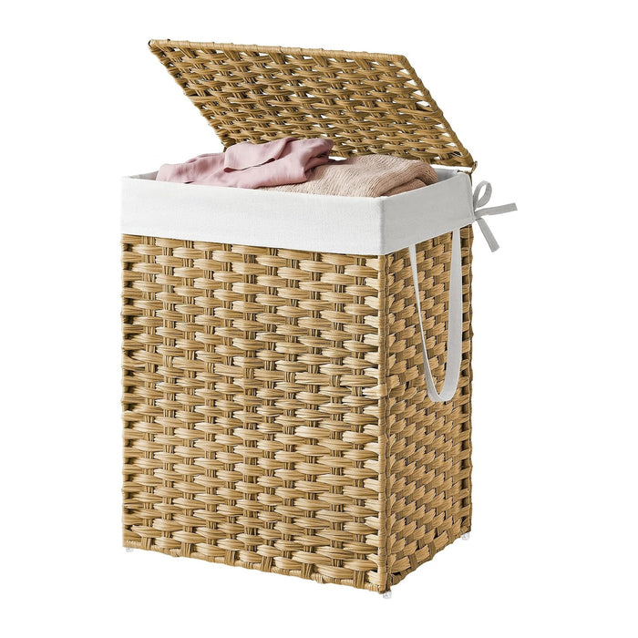 SONGMICS HOME Laundry Hamper with Lid, Clothes Basket with Removable Liner and Handles, 23.8 Gallon, Foldable Narrow Laundry Organizer for Bathroom, Bedroom, Light Brown