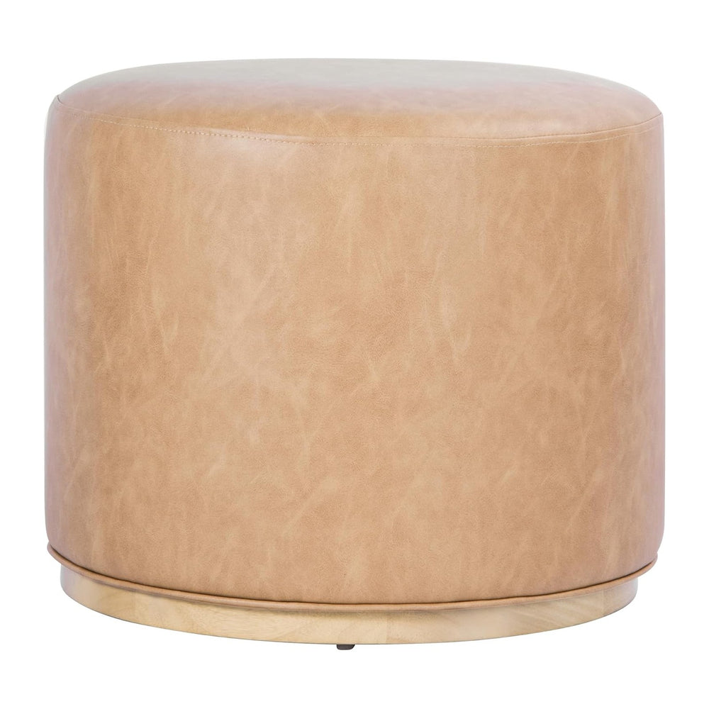 Spatial Order 22" Round Ottoman with Wooden Base - Sand Faux Leather