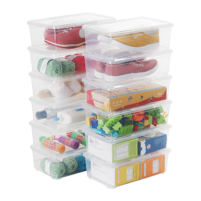 Stackable Plastic Storage Shoebox, BPA-Free Nestable Container with Latching Lid to Organize Shoes, See-Through Box for Home and Office, Multi-Purpose Clear Bins (12 Pack 6 Quart)