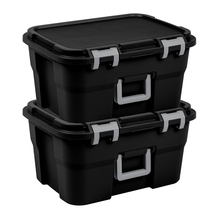 Sterilite 2 Pack Footlocker, 14 Gallon Plastic Storage Container with Latching Lid and Built-In Handles, Black - Large Stackable Bin Home Organizer