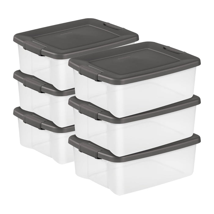 Sterilite 25 Qt ShelfTote, Stackable Storage Bin with Latching Lid, Plastic Container to Organize Closet Shelves, Clear Base and Gray Lid, 6-Pack