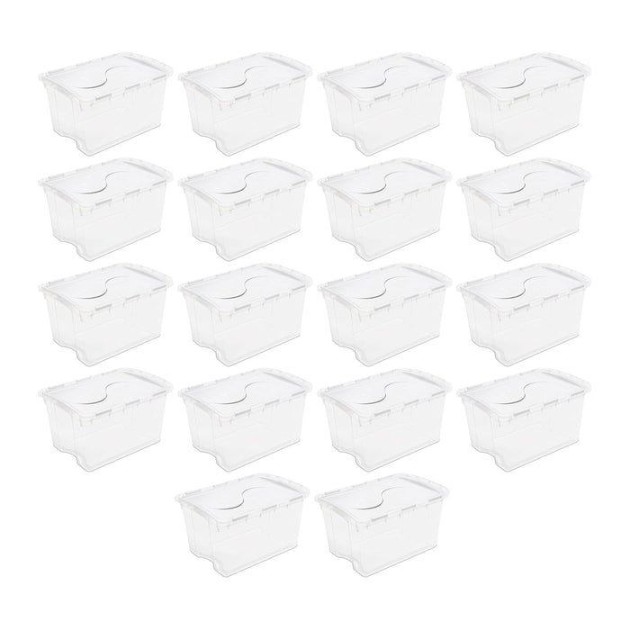 Sterilite 48 Qt Hinged Lid Storage Box, Stackable Bin with Lid, Plastic Container to Organize Home, Office, Basement, Clear with White Lid, 18-Pack