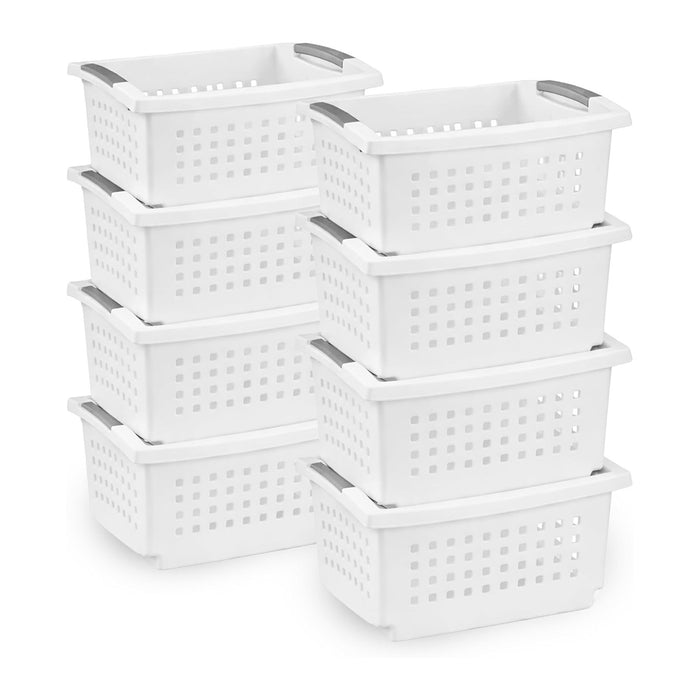 Sterilite 8 Pack Medium Stacking Basket, Open Top Storage Bin with Handles, White - Ideal for Home Closets, Kitchens, or Office Organization