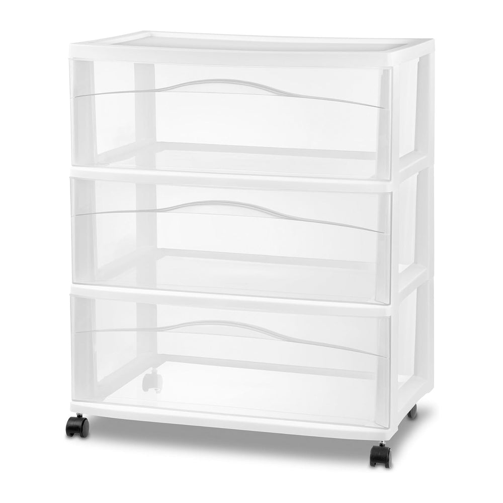 Sterilite Wide 3 Drawer Storage Cart Plastic Rolling Organizer, White Frame