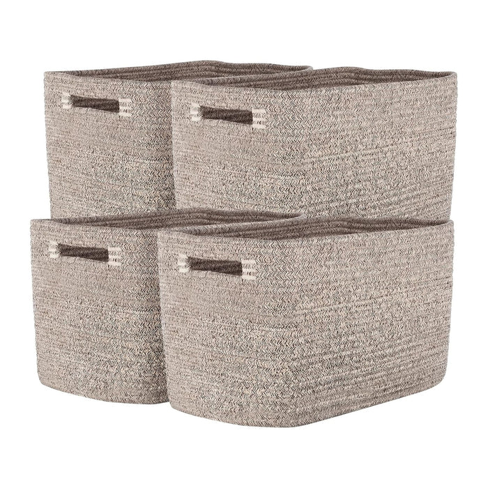 Storage Baskets for Organizing, 14 x 10 x 9” Closet Shelf Woven Baskets, Square Bins with Handles, Cotton Rope Basket for Clothes, Office, Room, Brown 4 Pack