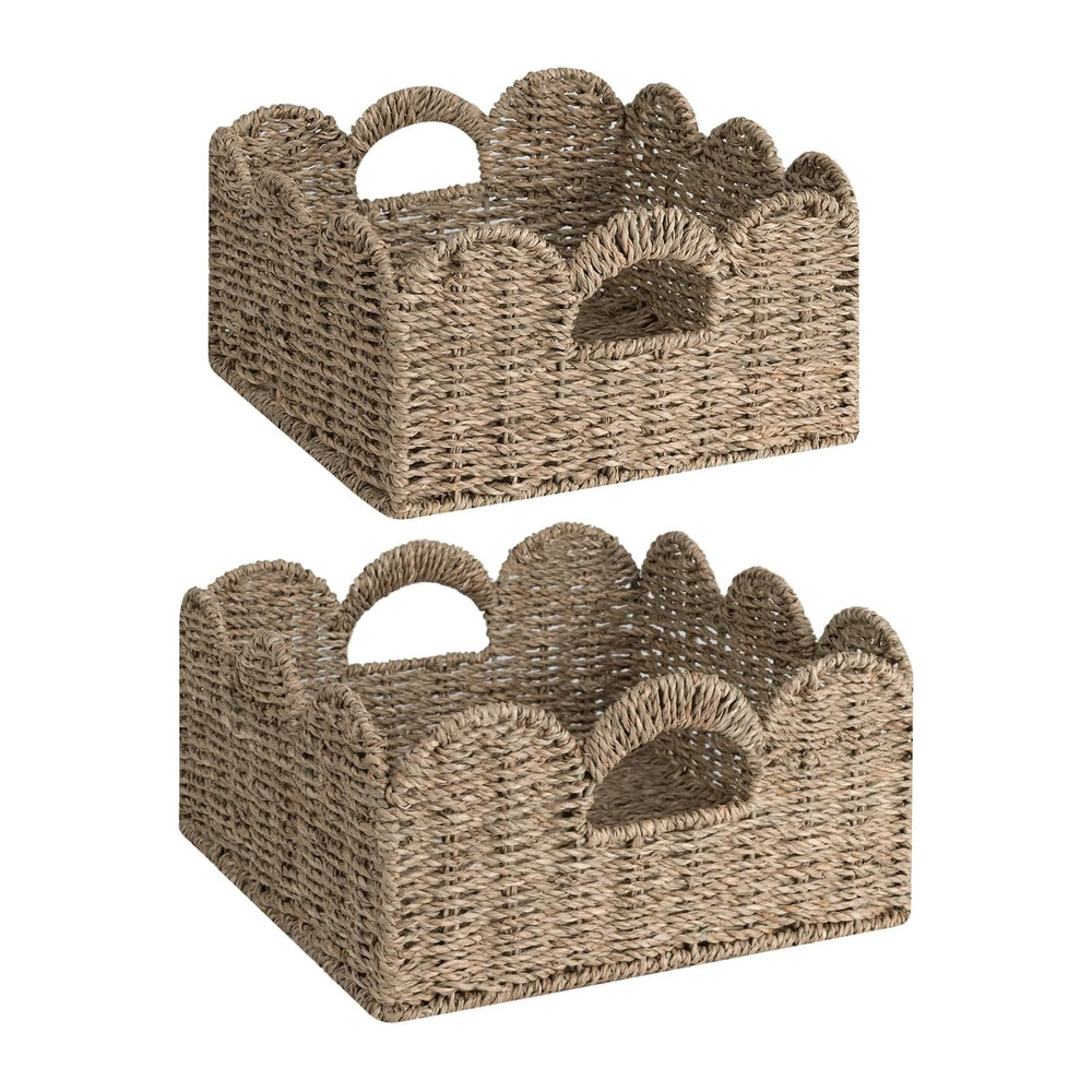 StorageWorks Scalloped Wicker Basket, Hand-woven Rattan Baskets with Built-in...