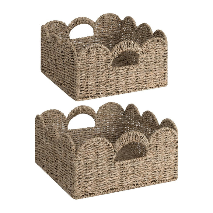 StorageWorks Scalloped Wicker Basket, Hand-woven Rattan Baskets with Built-in Handles, Seagrass Basket for Organizing and Decor, 2 Pack