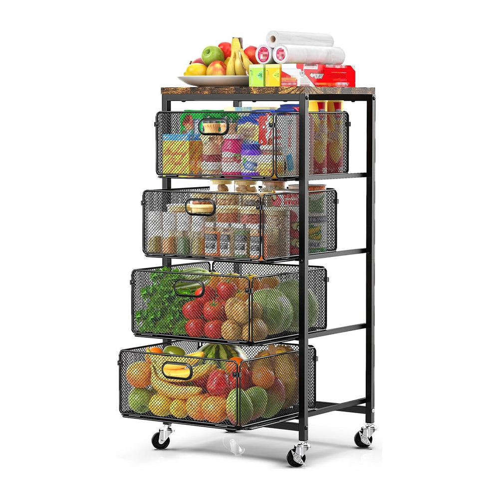SUNALLY Kitchen Storage Cart with Drawers,Metal Snack Cart Organizer,Black