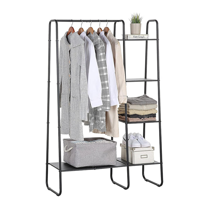 SunnyPoint Open Closet Garment Rack with 4-Tier Shelves & Bottom Storage Shelf, Freestanding Open Wardrobe Clothes Rack Organizer with Hanging Rod for Bedroom Closet, Clothing Rack with Shelves